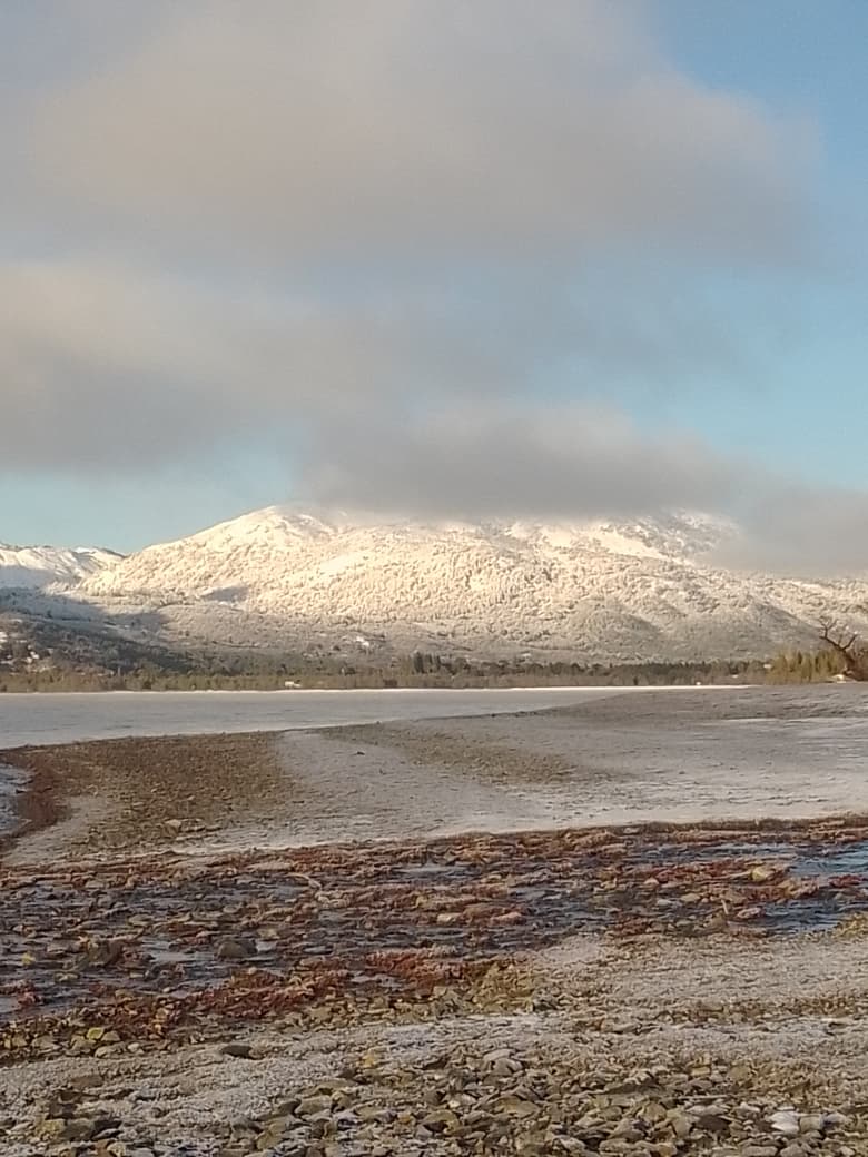 Cerro nevado frente al lago